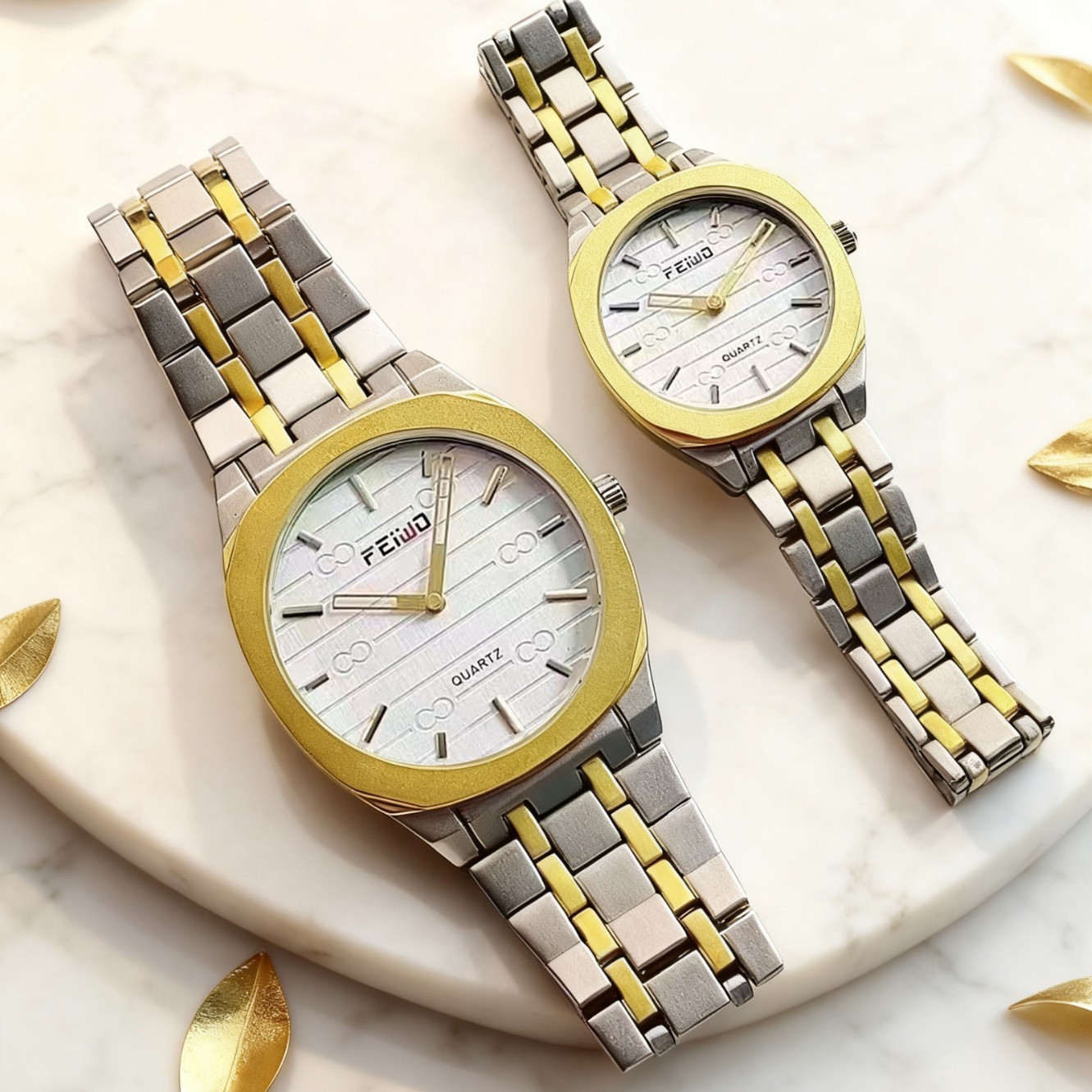 Feiwo Gold Quartz Couple Watch Champagne Gold Dial Alloy Strap Pair Watch Fashionable Men's and Women's Couple Watch