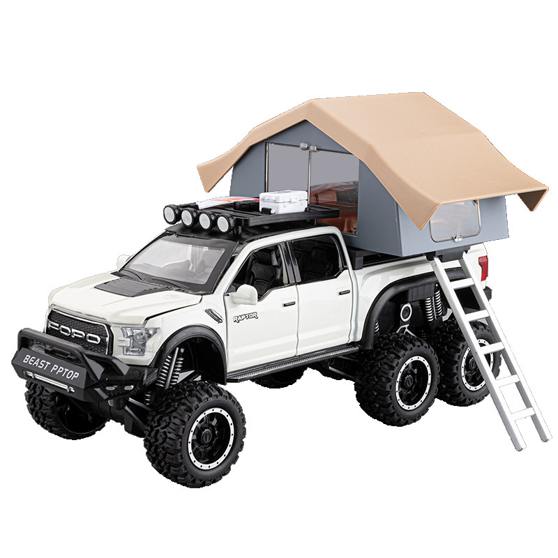 Modelo de coche de aleación 1:24 Raptor Pickup Camping RV con sonido y luz de retorno Coche de juguete Decoración de modelo de sonido