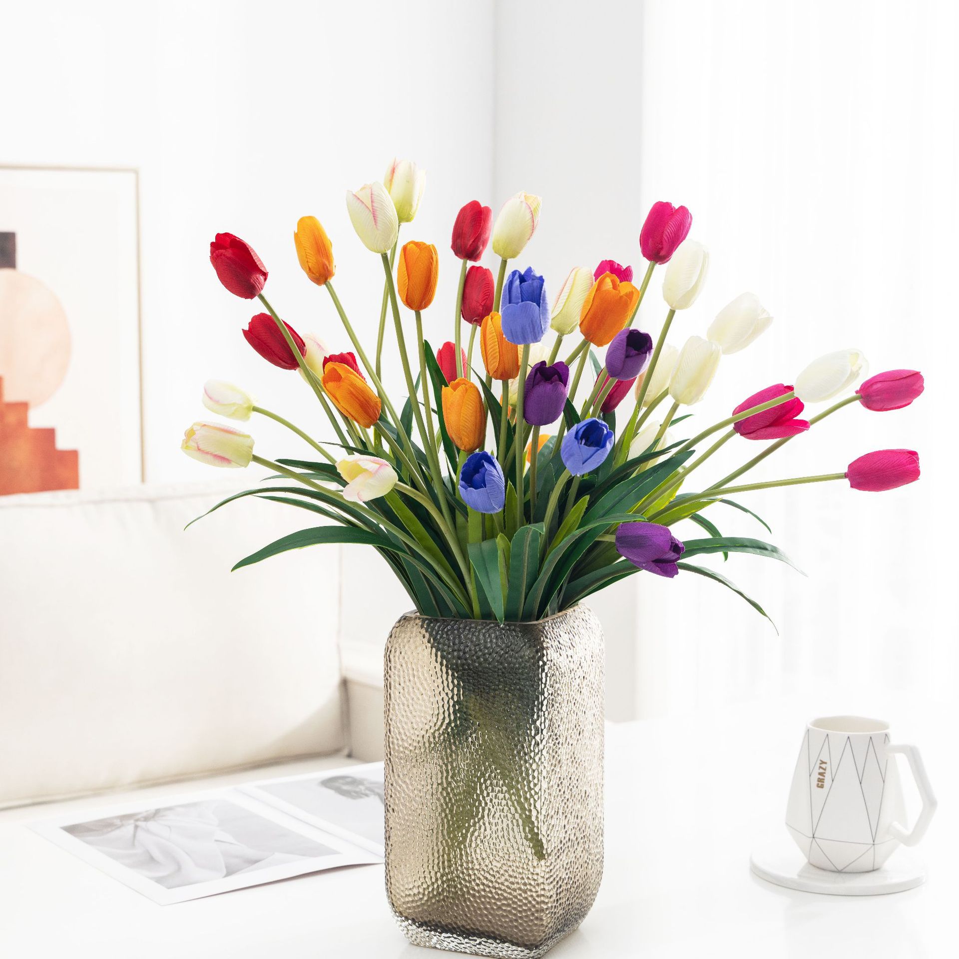 百花邦3頭鬱金香仿真花假花裝飾 仿真綠植花藝客廳餐桌背景擺件