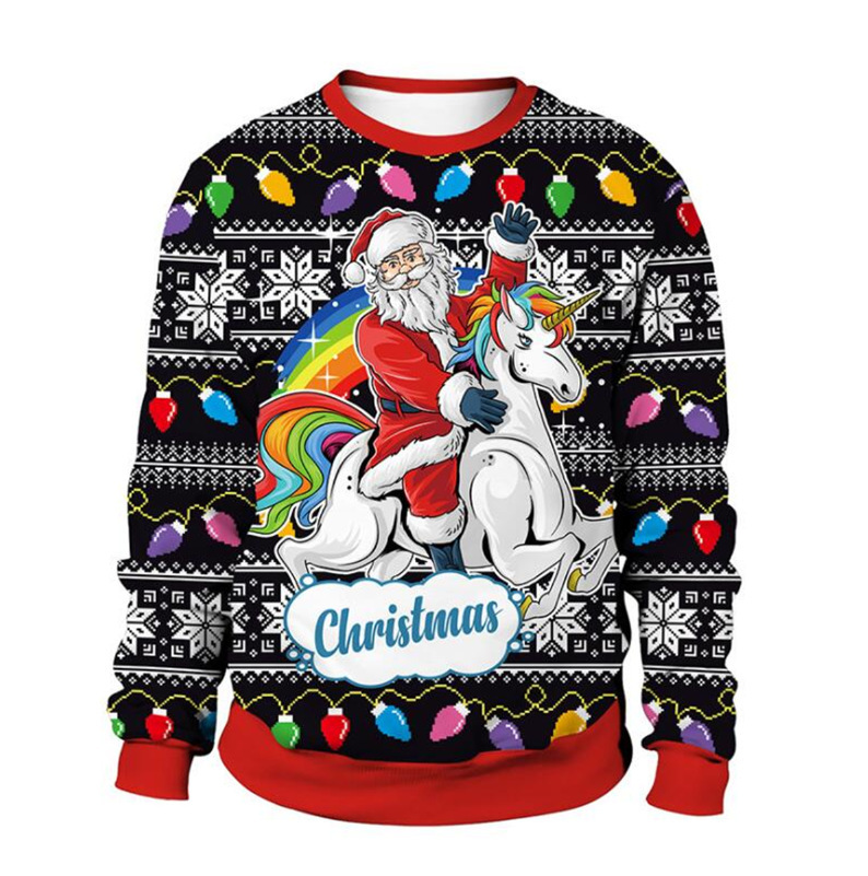 Transfronterizo europeo y americano 2024 Navidad HAPPY3D impresión digital pareja de hombres y mujeres suéter de cuello redondo para niños cabello de una pieza