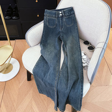 实拍韩版百搭辣妹高腰窄版直筒弹力修身显瘦微喇叭牛仔长裤子女潮