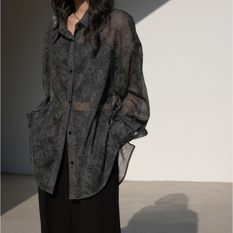 High-grade embossed design sunscreen shirt Women's micro-transparent spring and summer chic shirt lazy inner long-sleeved top