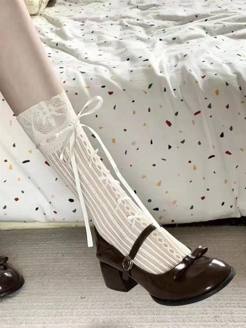 Pure ballet style girl lace calf ribbon bow hollow white mesh breathable stacking socks_voghion.com