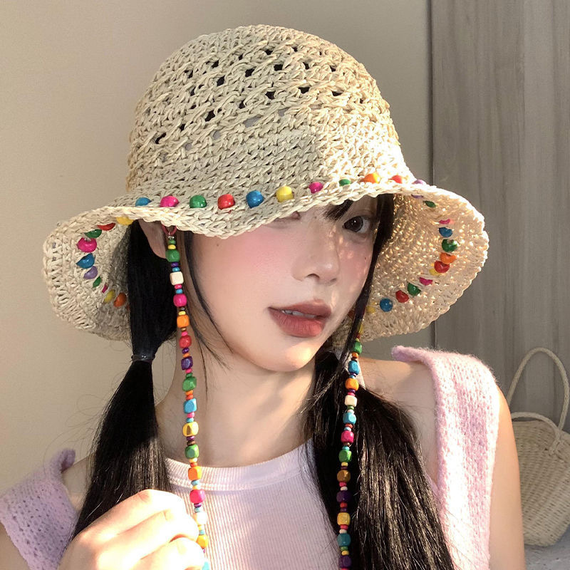 ヒョナ風カラフルなビーズ漁師帽子夏の日よけ海辺日焼け止め麦わら帽子女性の大きなつばカバー女性のためのカラフルな編まれた麦わら帽子|undefined