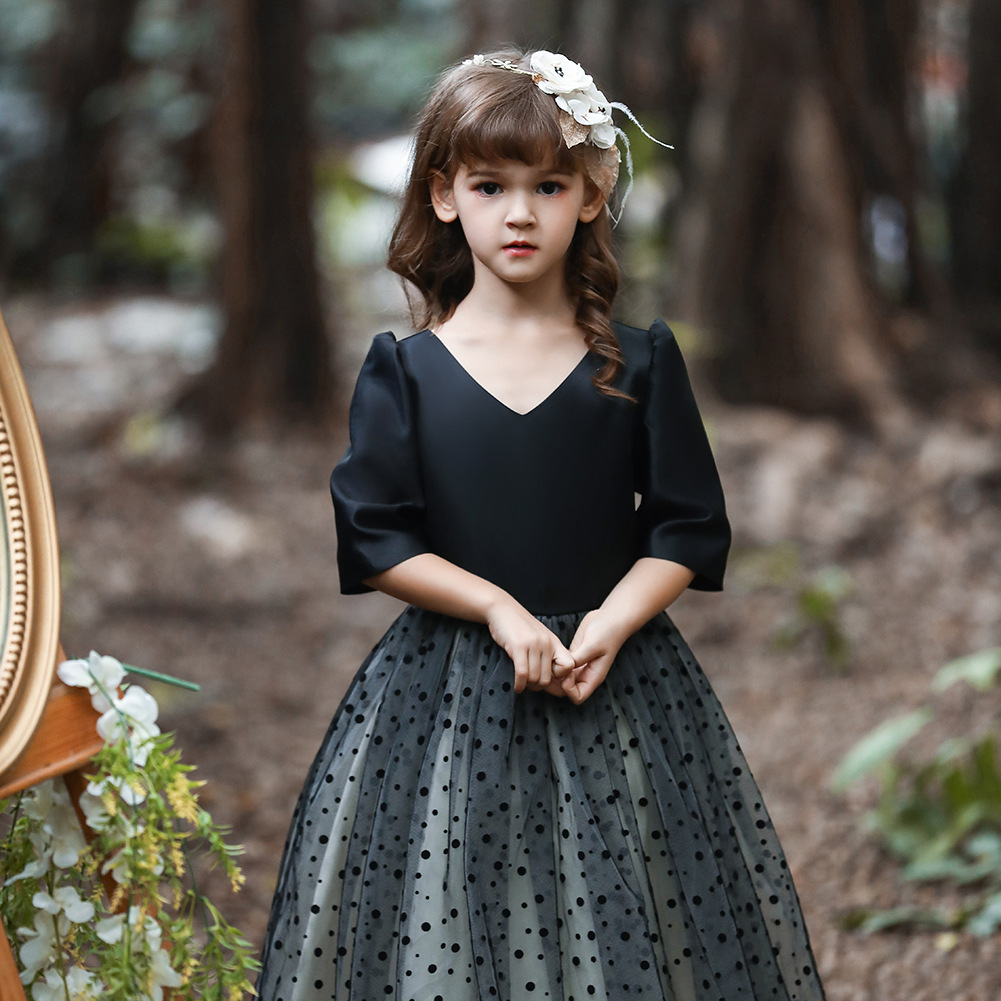 Vestido de la princesa de los niños franceses primavera y otoño niñas piano negro traje niña cumpleaños pasarela vestido de noche