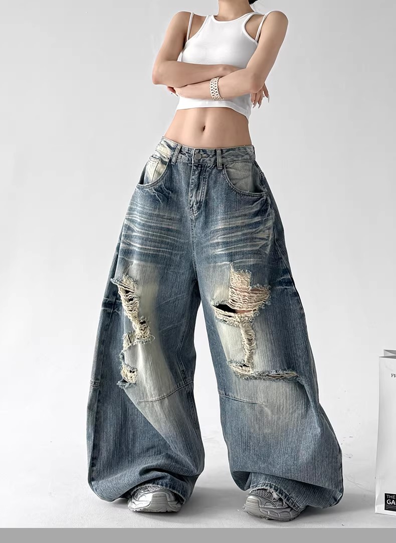 Women's Dark Blue Ripped Wide Leg Jeans Slimming Street Style Floor Length Pants Summer New Design_mkmklike.com