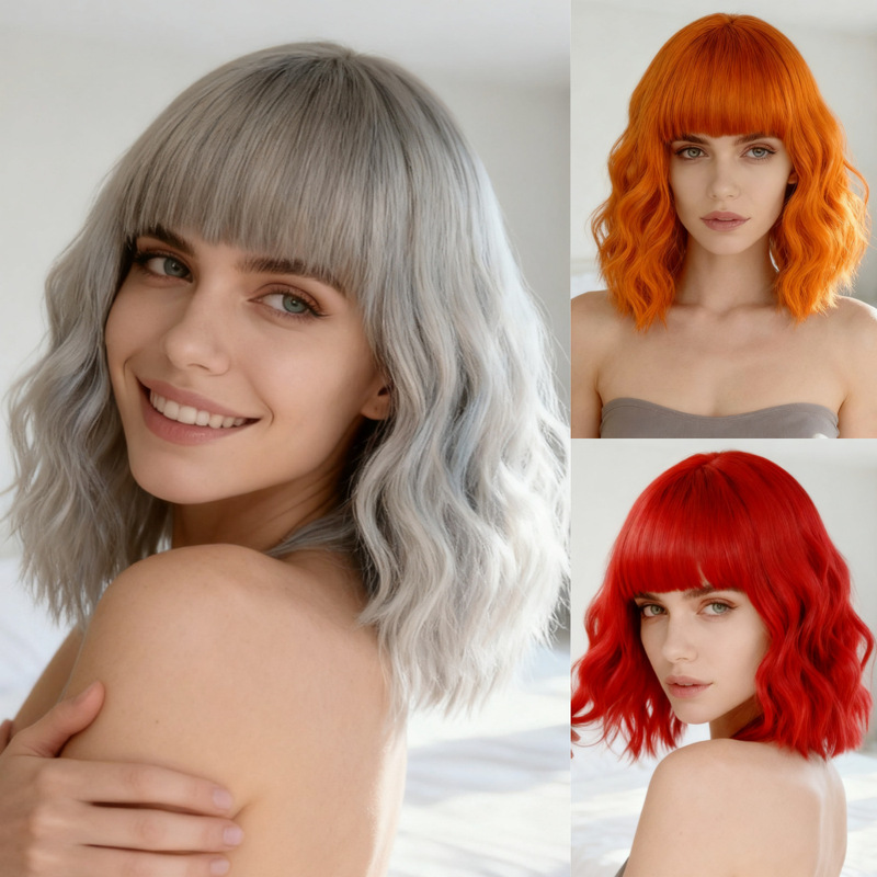 Temu Supply Manufacturer Wig Female Full Bangs Wool Curly Chemical Fiber Full Headgear Colorfulful Medium and Long Hair Stage Play Hair Cover