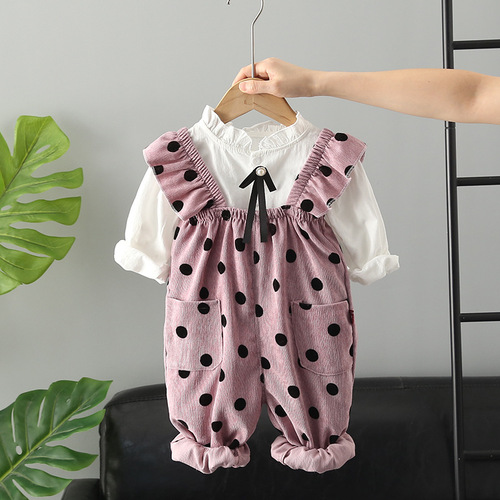 Infants and young children's fashionable autumn polka dot overalls set for children, spring and autumn, girls and babies, new two-piece set