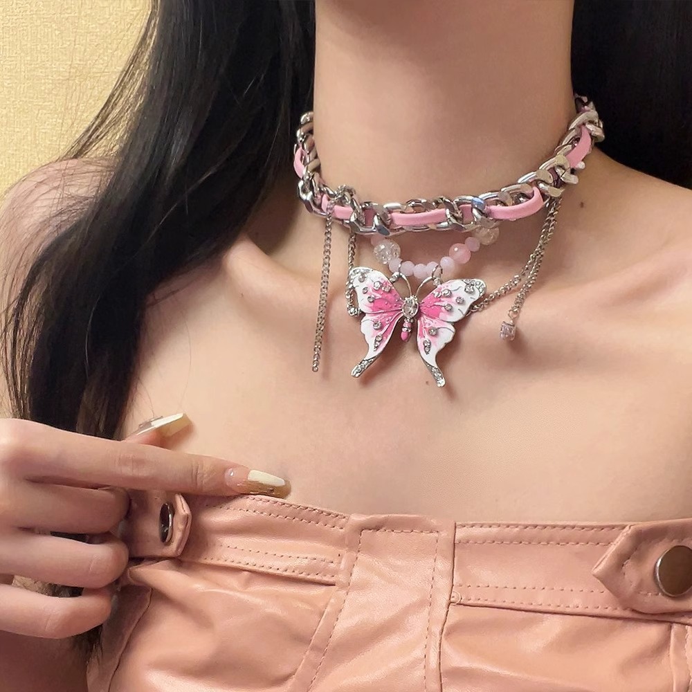 Butterfly Leather Patchwork Necklace, Spicy Girl Niche Style, Choker Necklace with a High-End Feel, Clavicle Chain Accessory