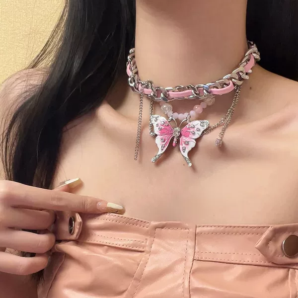 Butterfly Leather Patchwork Necklace, Spicy Girl Niche Style, Choker Necklace with a High-End Feel, Clavicle Chain Accessory