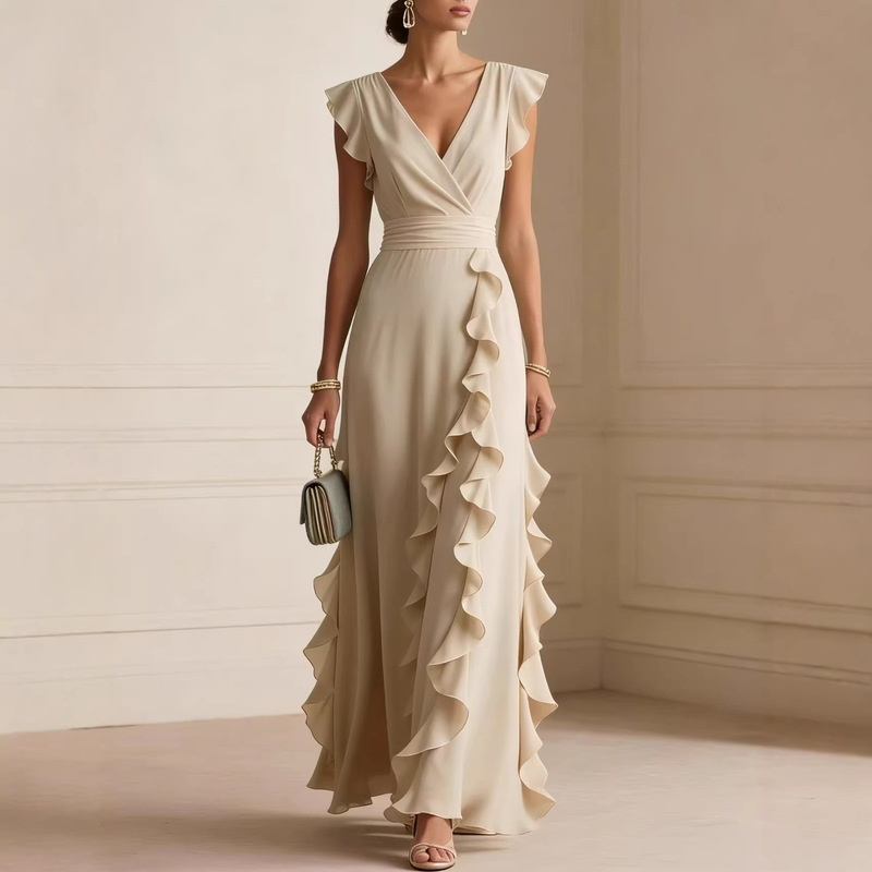 Cross-Border Foreign Trade Women's Clothing Independent Site Amazon Solid Color Pleated Short-Sleeve V-Neck Dress Long Dress Gown