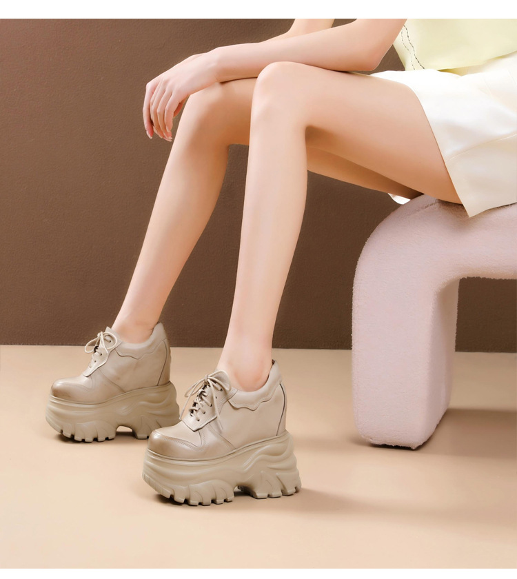 Giày thể thao nữ đế xuồng platform cao 14 cm, da thật, phong cách mới — màu nâu chi tiết 5
