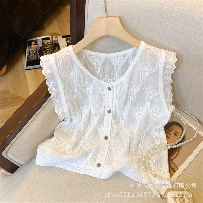 French Jacquard V Neck Small Flying Sleeve Shirt for Women Summer White High-End Vest Chic and Beautiful Sleeveless Top