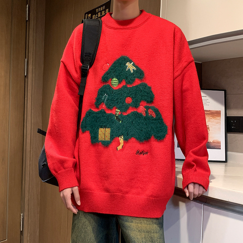 2025 Trendy Brand American Creative Flocking Couple Christmas Sweater Men's Winter Ins Lazy Style Black Knitted Sweater