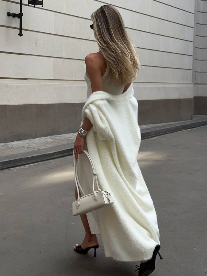 Áo cardigan len lông mềm dáng dài rộng cổ chữ V tay dài — hồng, màu xám, quần kaki chi tiết 34