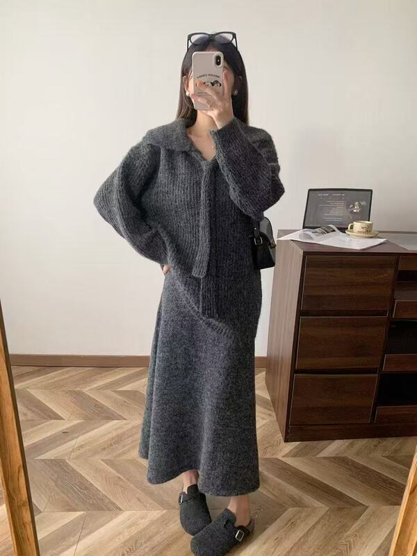 2025秋冬宽松慵懒风针织女穿搭一整套领带毛衣半身裙休闲套装女|undefined