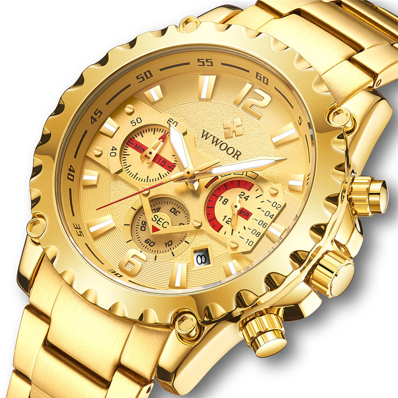 WWOOR hold Love 8880 reloj de cuarzo de correa de acero inoxidable para hombre reloj de pulsera de código de sincronización de calendario multifunción de seis pines