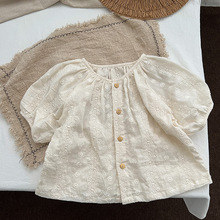 女童短袖上衣夏季新款儿童可爱衬衫女宝宝小众圆领森系刺绣娃娃衫