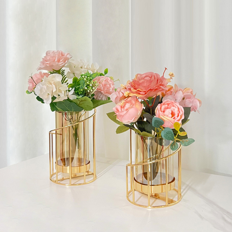 Nordic Creative Light Luxury Metal Glass Vase Dining Table Ironwork Vase Decor Home Living Room Dry Flower Arrangement Ornament