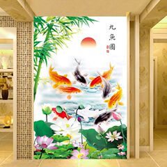 九魚図装飾画招財風水客間廊下通路入戸玄関壁画ハスの花竹壁貼り掛け絵