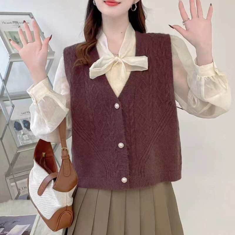 v领针织开衫马甲背心女春秋新款麻花纹叠穿纯色无袖外穿时尚毛衣|undefined