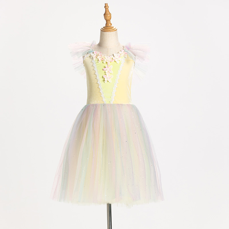 Toddlers kids Rainbow veil yellow ballet dance dresses long tutu skirts leotard ballet performance costumes elegant little swan lake dance skirt