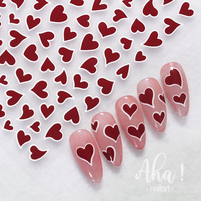 Internet Celebrity Nail Art Adhesive Sticker ins Hot Stamping Silver Black and White Red Hollow Heart-shaped Pattern Nail Decorative Decal