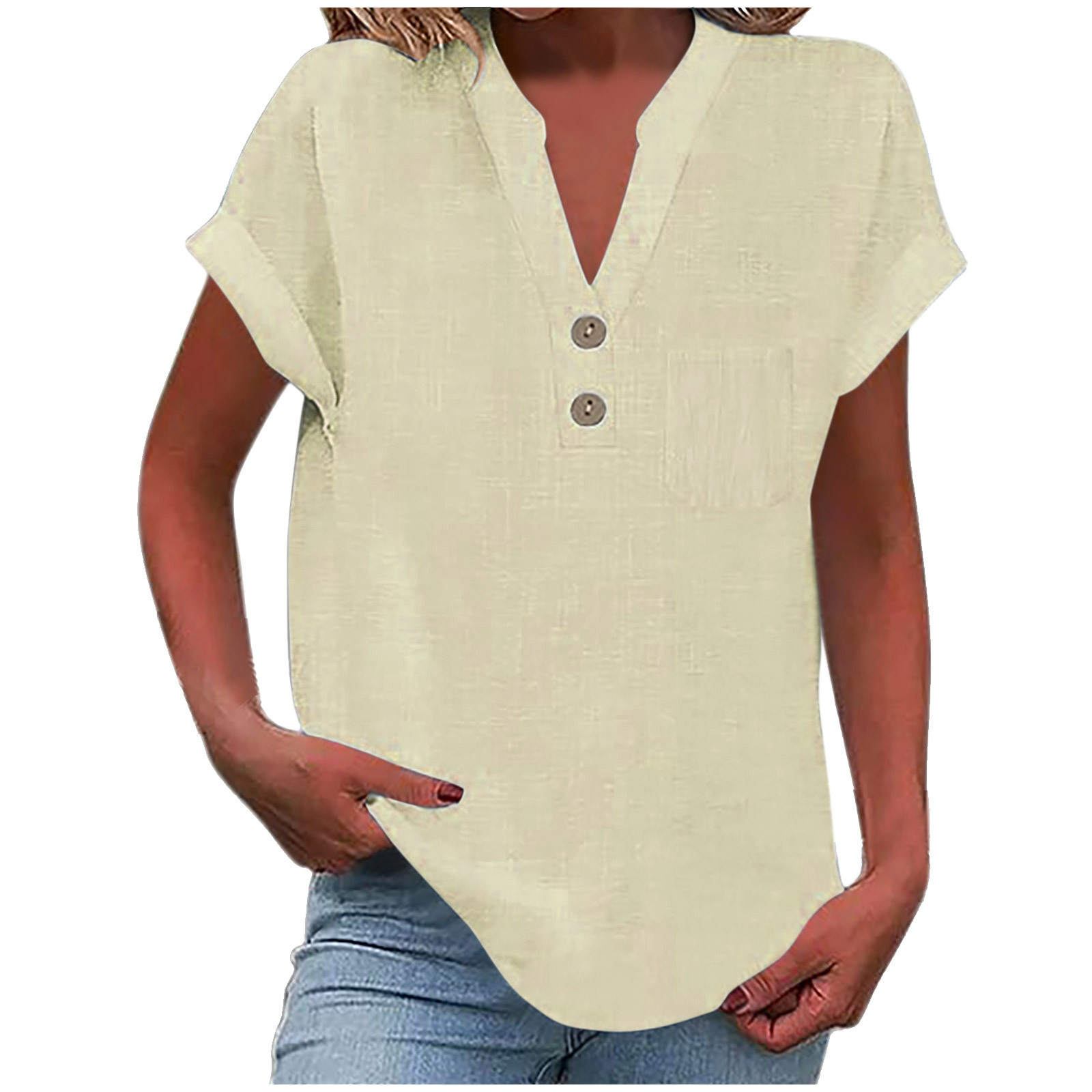 2025 European American Summer Solid Color Buttoned Short-sleeve Women's Shirt, Cotton-linen, Washed, Wrinkled,_ecoleips.com