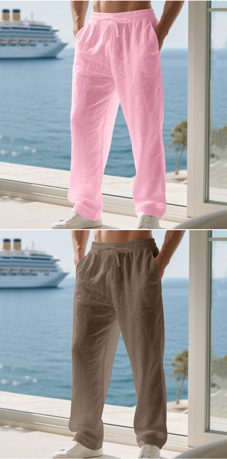 Men's Linen Casual Trousers Summer Loose Straight Leg Beach Pants Solid Color Breathable Resort Style Menswear_viptrois.com