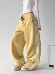 Yellow fleece lamb wool sweatpants for men and women's winter new high waisted drawstring straight leg wide leg thick casual pants