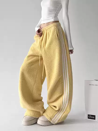 Yellow fleece lamb wool sweatpants for men and women's winter new high waisted drawstring straight leg wide leg thick casual pants