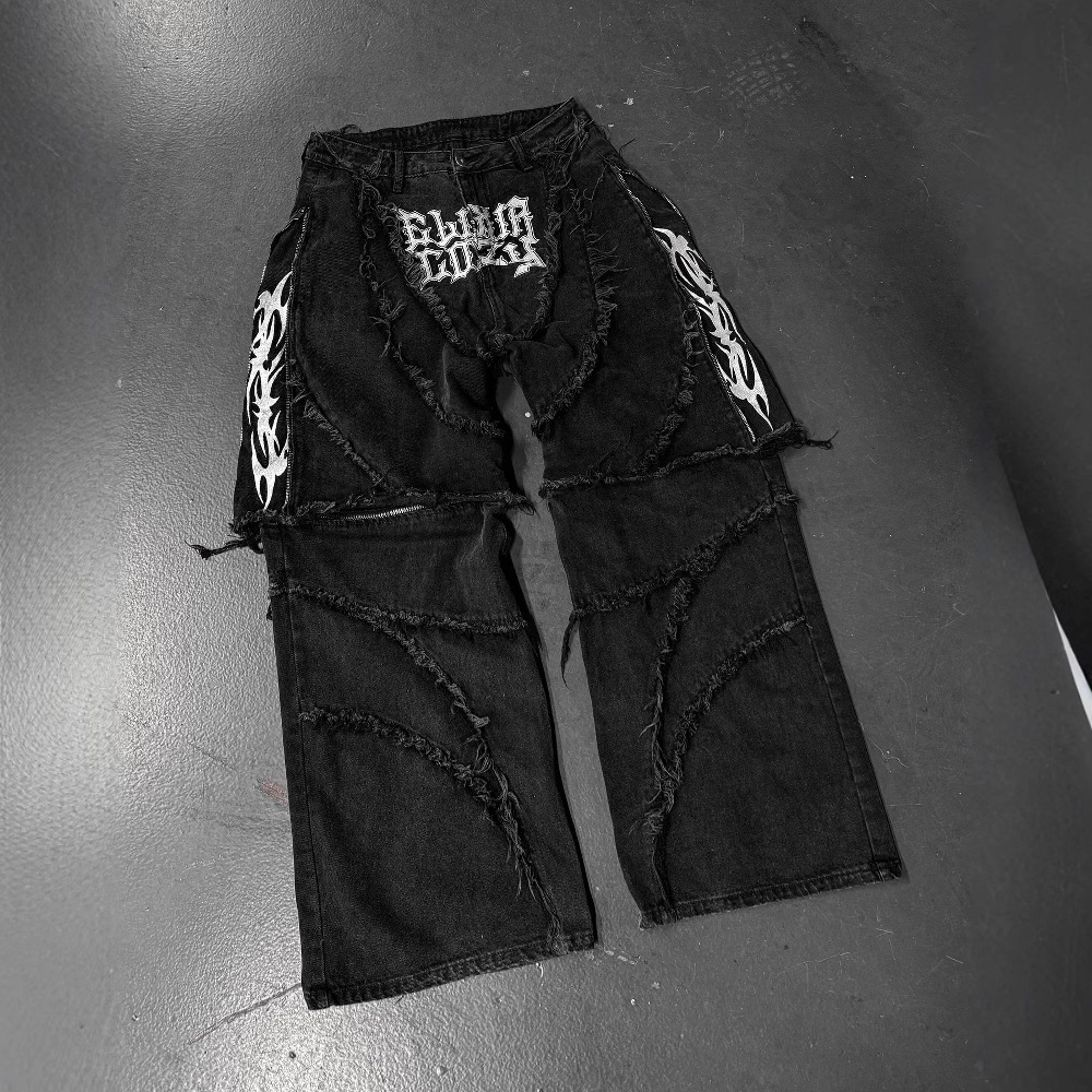Millennium worm jeans moda americana retro cremallera costura suelta parche bordado a rayas jeans con borde de piel