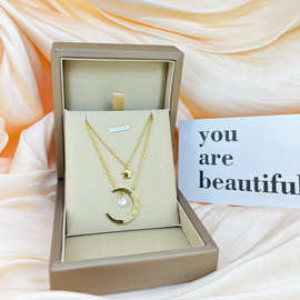 月亮镶嵌锆石双层项链女钛钢18K不掉色冷淡风小众设计锁骨链吊坠