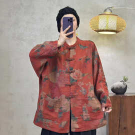 2025秋季新款棉纱外套女文艺复古风做旧印花立领中长款开衫上衣