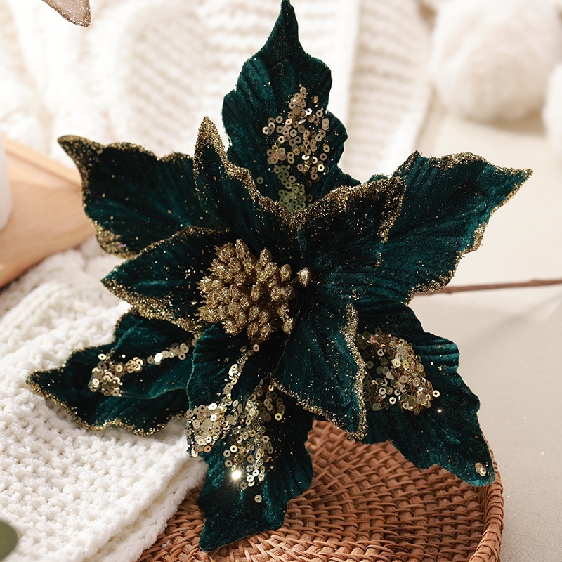 23 nuevos productos transfronterizos de alta calidad flores de Navidad tela de vello hecha a mano polvo adhesivo flor de Navidad decoración del árbol de Navidad colgante