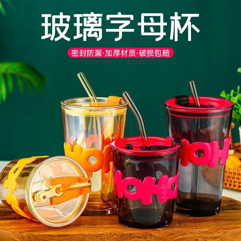 Net red bamboo lettering cup high color value water cup double drinking straw aurora glass gift for opening ceremony