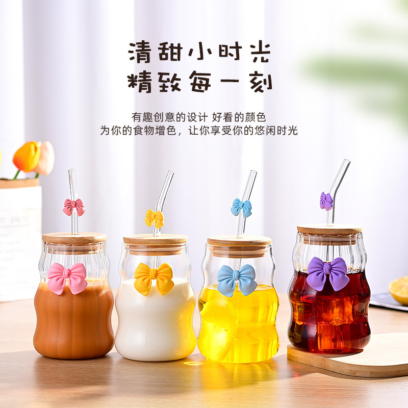 云朵杯多色蝴蝶结云朵杯可爱单层高硼硅玻璃吸管杯奶茶咖啡玻璃杯|undefined