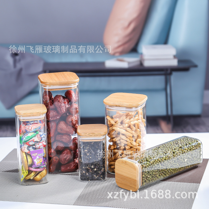 高硼硅玻璃方形竹盖储物罐 茶叶花茶玻璃瓶咖啡豆罐厨房用品