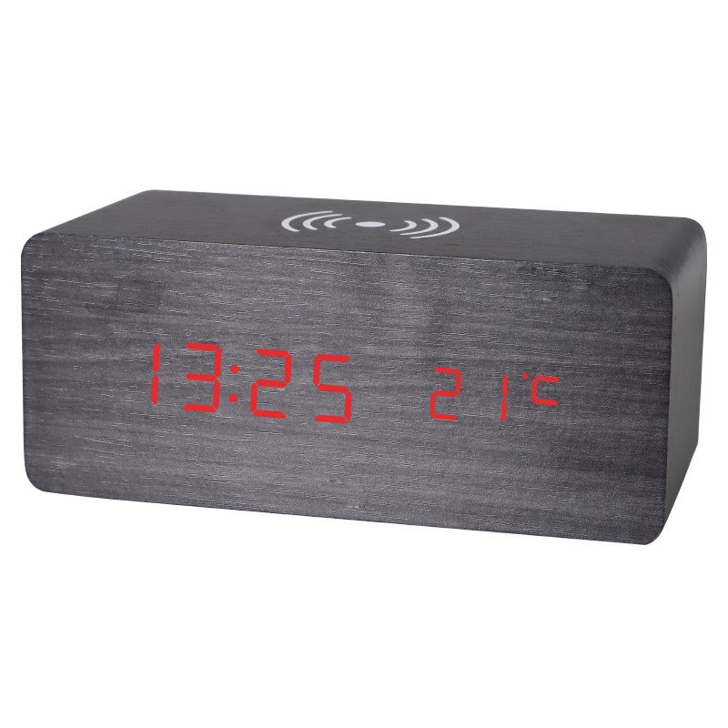 Reloj despertador digital LED de madera — reloj inteligente con carga inalámbrica, diseño minimalista para mesita de noche