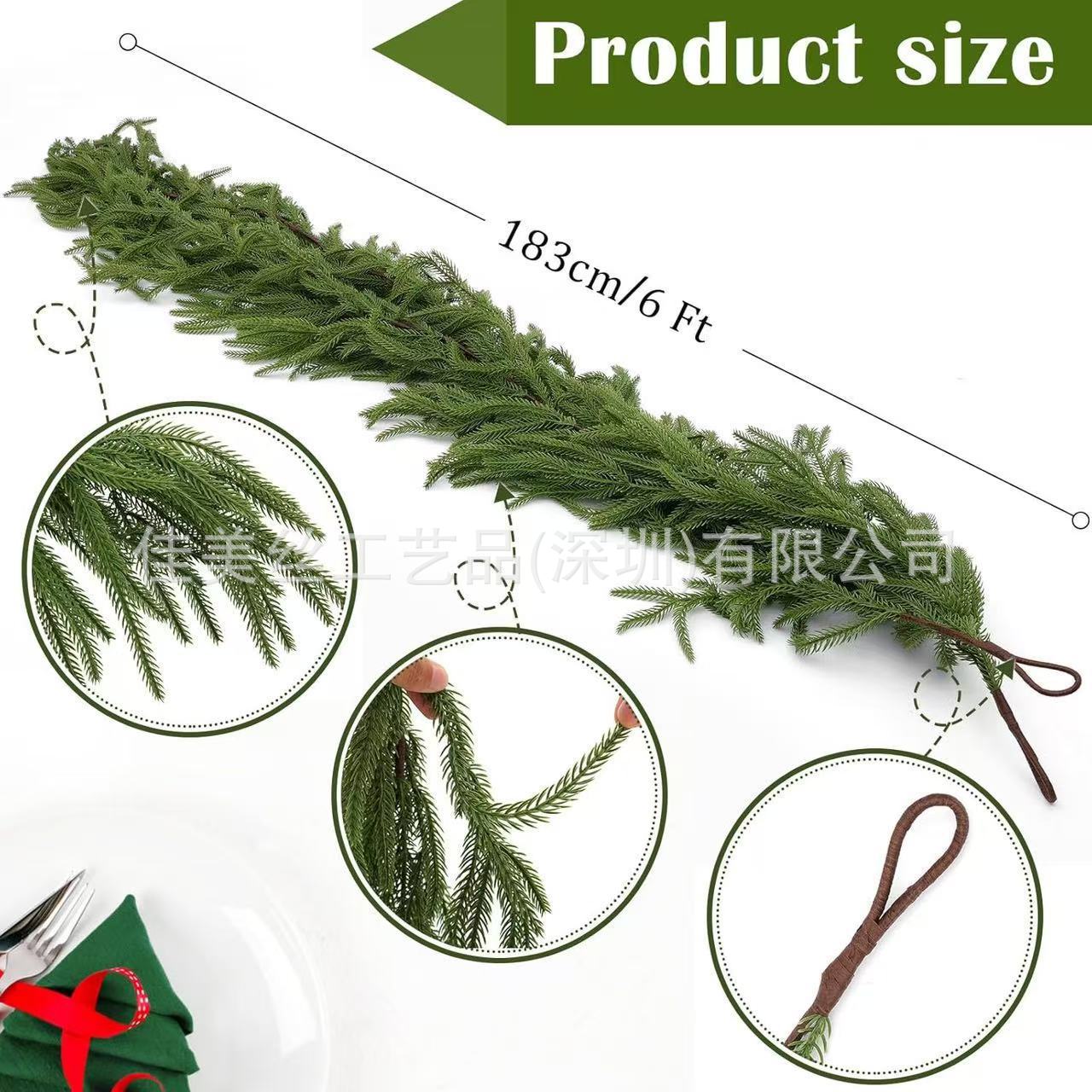 跨境热销圣诞节PE诺福克柔软厚度松木人造雪松环壁炉餐桌楼梯装饰