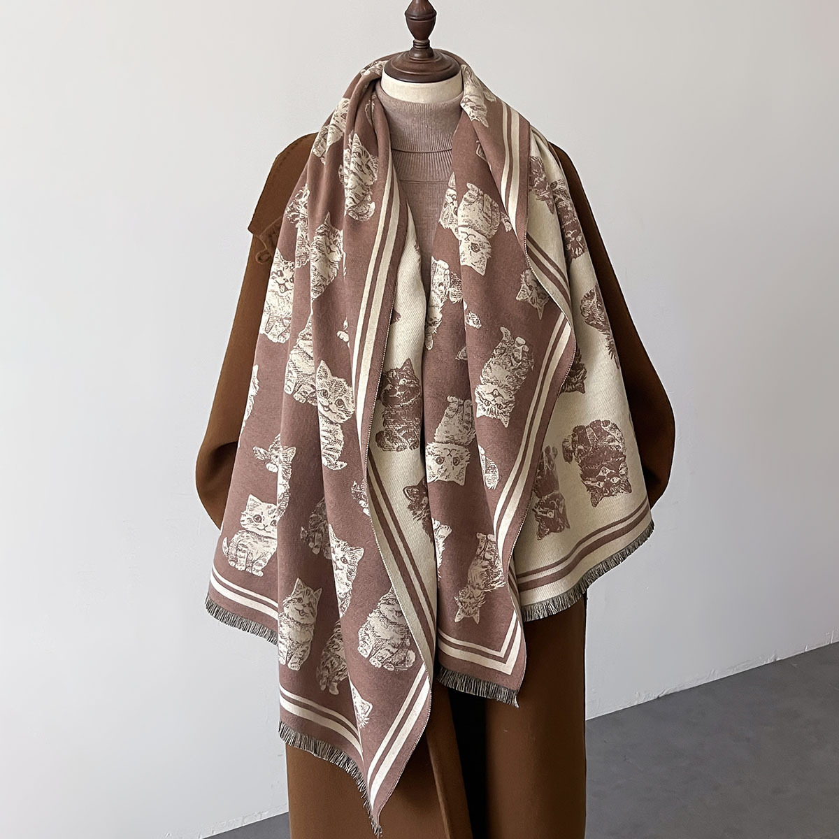 2024 nuevo japonés y coreanos encantadores gatitos impresión de doble cara bufandas de cachemira corta invierno gruesa bufandas cálidas para mujeres