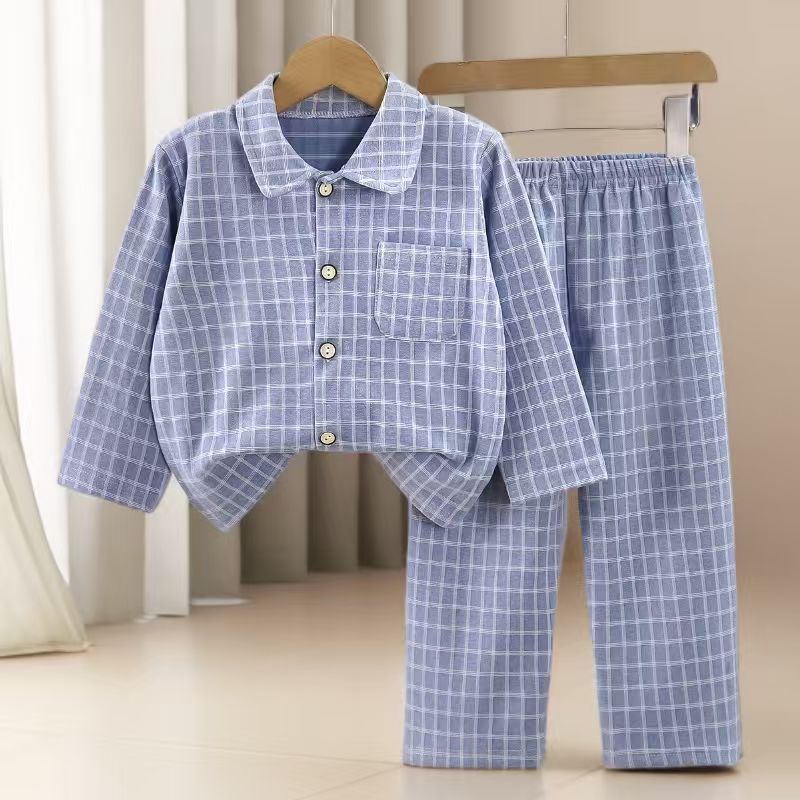 Pajamas infantiles de cotton de estilo coreano para niños y niñas, camisetas simples a cuadros, ropa para el hogar con solapa de dos piezas para mantener el calor