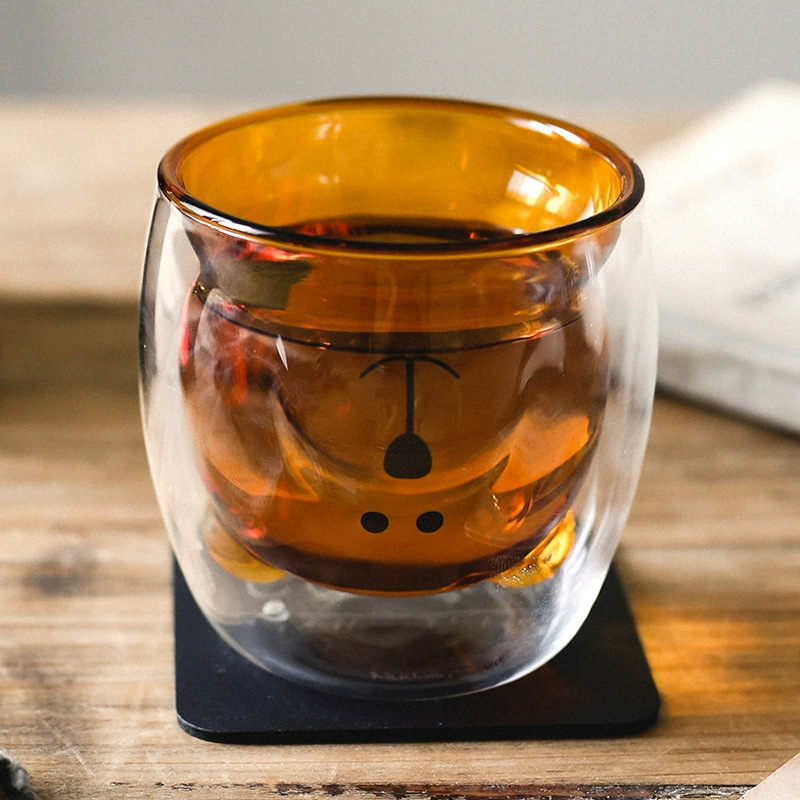 Taza de leche aislante de doble capa encantadora taza de oso de dibujos animados coloridos taza de café casero de alta borosilicina taza de jugo de frutas