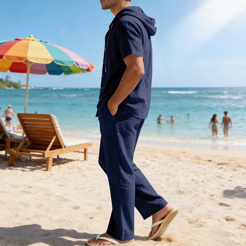 Herren Sommer Leinen Set Kurzarmhemd Und Hose Im Casual Style_voghion.com