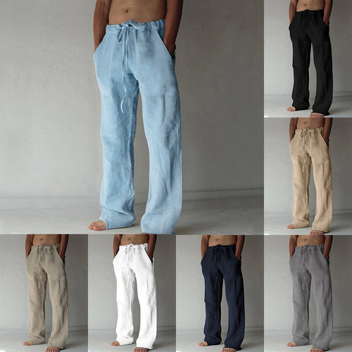 New 2025 AliExpress WISH Best Selling Men's Long Pants Linen Casual Solid Color Thin Linen Men's Pants In Stock