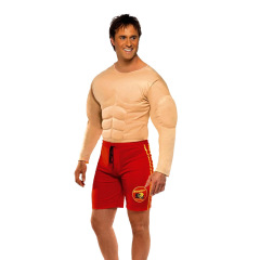 筋肉の男のtシャツの役は偽の胸の筋肉の腹筋のお笑いを演じます。