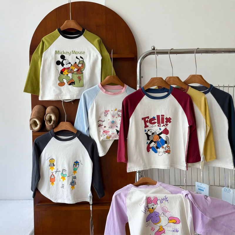 Children's Long-Sleeved Pure Cotton Cartoon Long-Sleeved T-Shirt, Boys' and Girls' Base Layer Tops, Autumn Color-Blocking Children's Long-Sleeved Pure Cotton Cartoon Long-Sleeved T-Shirt, Boys' and Girls' Base Layer Tops, Autumn Color-Blocking