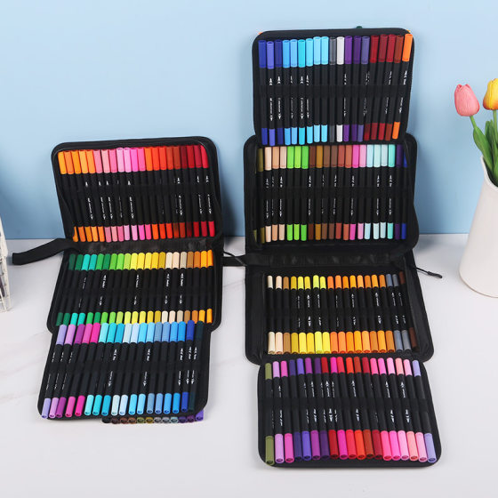 Cross border pvc boxed double head watercolor pen water-based children's painting soft head hook line pen 120 color animation painting pen