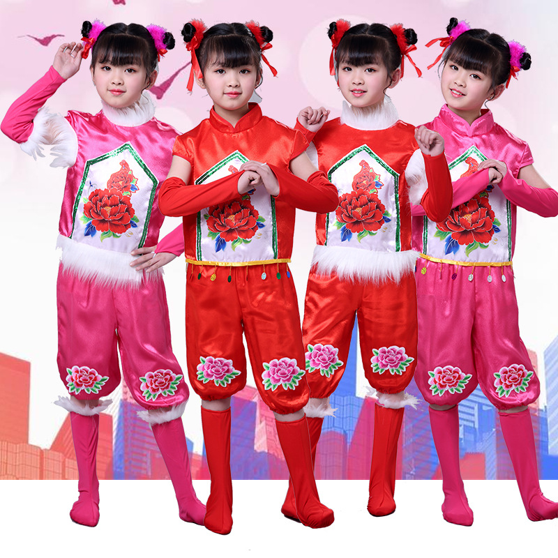 新款元旦儿童节演出服女童喜庆民族秧歌舞表演服幼儿手绢舞蹈服装