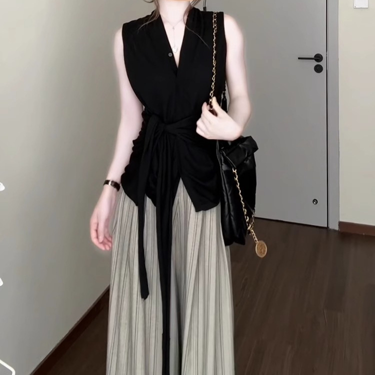 夏日穿搭一整套大码胖mm无袖上衣条纹阔腿裤高级独特巨好看套装女|undefined